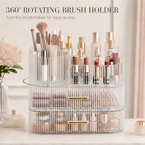 Large 360° Rotating Makeup Organizer with Drawer - Clear Acrylic Storage Display
