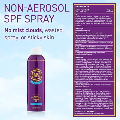 BOB KIDS SPF 50 Sun Spray, Mineral Sunscreen, Non Aerosol Continuous Spray, Water Resistant, Reef Friendly, 6 oz