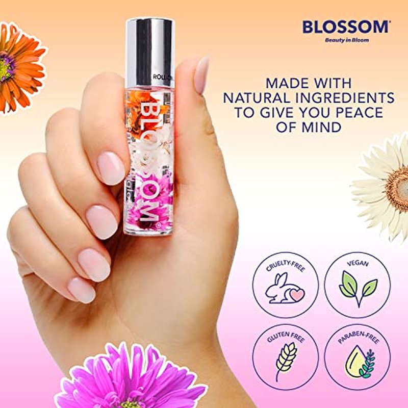Blossom Scented Roll on Lip Gloss, Infused with Real Flowers, Made in USA, 1.0 Fl oz/29.5mL, 5 PACK BUNDLE, Coconut, Juicy Peach, Strawberry, Raspberry, Watermlon