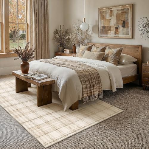 Beige 6' x 9' Checkered Living Room Area Rug - Non-Slip, Pet-Friendly