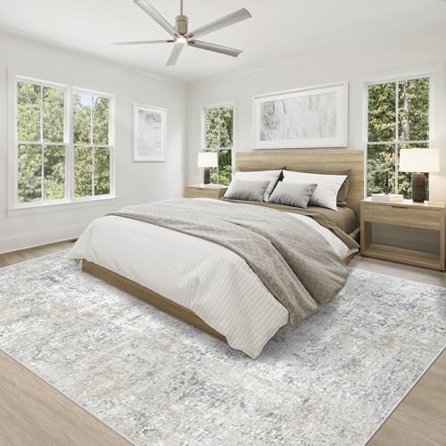 Large Washable 8x10 Area Rug - Modern Abstract Neutral Non-Slip Kids Carpet for Living Room & Bedroom - Beige Grey Variation