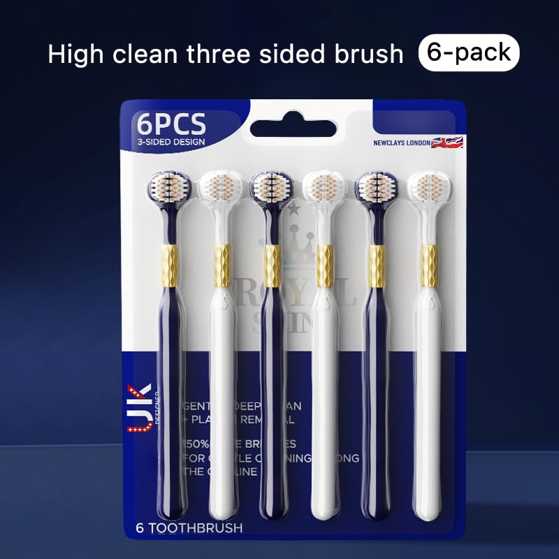 3-Sided Toothbrush for Adults with Soft & Stiff Bristles, Teeth & Tongue Cleaning - Pack of 6