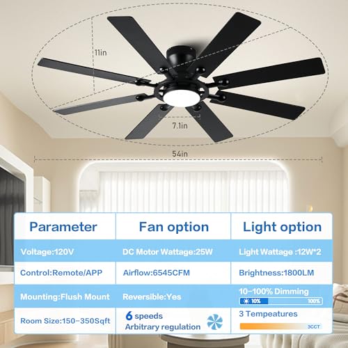 Low Profile Ceiling Fan with Light and Remote - 54 Inch, Reversible, Dimmable, Black