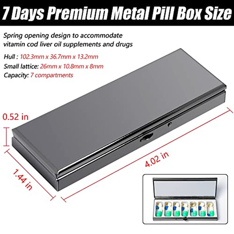 7 Day Pretty Mini Metal Pill Organizer Metal Manufacturing Inside The Makeup Mirror Sleek Look Easy to Carry Fashionable Texture Plating Gun Black More Exquisite (Gun Black)