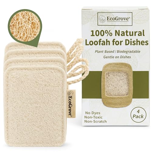Natural Loofah Dish Sponges 4 Pack ? 100% Plant-Based Luffa Scrubber for Dishes, Pots & Nonstick Pans ? Compostable, Non-Scratch Kitchen Sponge for Sink, Tile & Everyday Cleaning