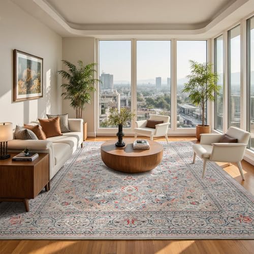 Washable 8x10 Beige Area Rug Non Slip Indoor Low Pile Carpet for Living Room