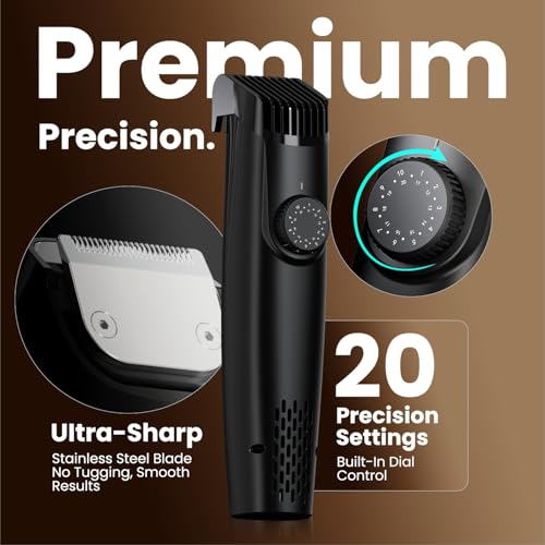 Vacuum Beard Trimmer for Men ? Mustache Trimmer with Adjustable Comb - Men's Beard Trimmer Cordless - Beard Trimmer with Vacuum Precision Dial, Low Noise, Waterproof Grooming Kit