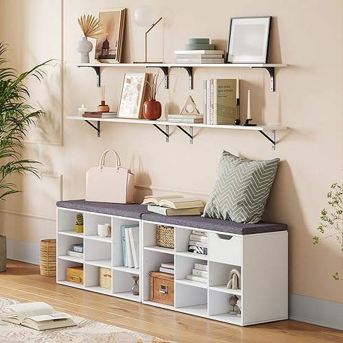 White Shoe Storage Bench with Cushion, 31.5-Inch Cubby Shoe Rack, 9 Cubbies - DINZI LVJ