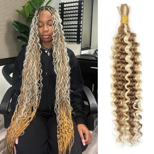 Syrenlore 14 Inch Deep Wave Bulk Human Hair for Boho Braids - Multi Blonde Highlights, 50g
