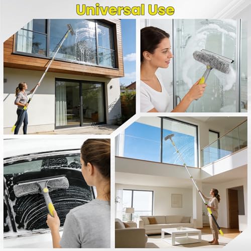 20FT Telescopic Window Squeegee with Extension Pole, 2-in-1 Washable Microfiber & Rotating Head