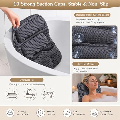 Suvast Grey Luxury Bathtub Pillow with 10 Suction Cups, Extra Large 21” Spa Head & Back Support, Quick-Dry Mesh