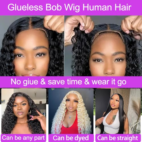 Espive 24 Inch Deep Wave Human Hair Wigs for Black Women 180% Density Glueless Lace Closure Short Curly Bob