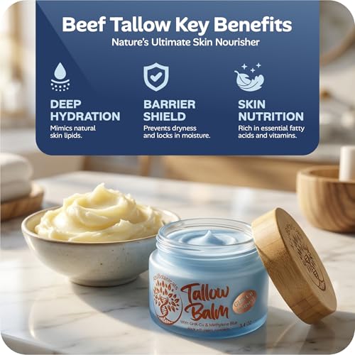 Copper Peptide GHK-Cu & Methylene Blue Infused Whipped Grass Fed Beef Tallow Balm, Anti-Aging, Fine lines, Wrinkles, Eczema, Acne, Full body moisturizer, All skin types, With Organic Ingredients 3.4oz