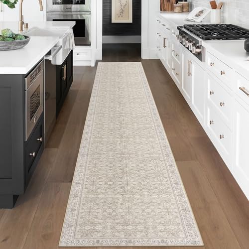 SIILOOM 2.6x18 ft Washable Non Slip Area Rug for Hallway & Kitchen - Cream/Beige/Yellow/White/Grey, Vintage Floral Pattern