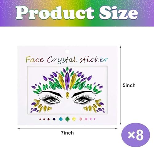 Wehhbtye 8 Set Mardi Gras Face Jewels Stickers, Self-Adhesive Mardi Gras Eye Gems Sticker, Glitter Face Crystals Decoration for Women Party Costume Cosplay Makeup Dress-up Decor