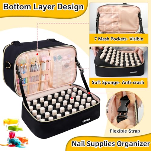 Covkev Nail Polish Organizer Hold 80 Bottles & Travel Nail Bag Case - Black & Gold