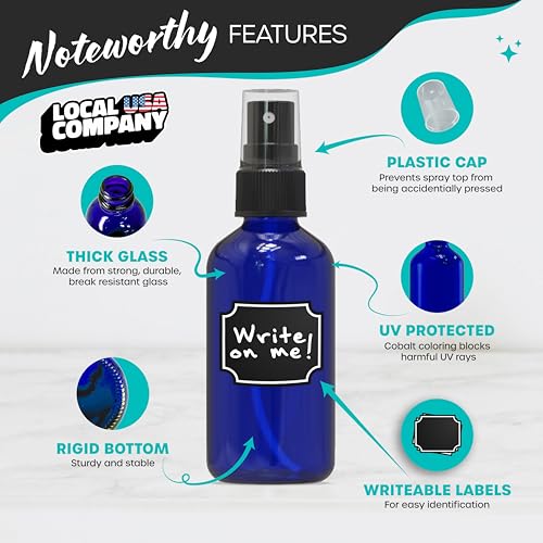Nevlers Small Glass Spray Bottles 4 Oz 48 Pack | Cobalt Blue Bottle Set w/Labels, Marker, Brush, Funnel & Shrink Wrap | Mini Spray Bottle for Oil | Practical Plant Spritzer & Glass Cleaning Bottles