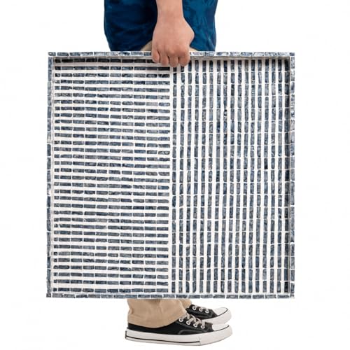 PEMAR 20-Inch Square Capiz Shell Inlay Serving Tray - Grey-White Stripes