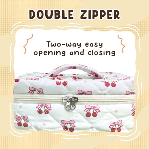 Quilted Makeup Bag Large Cosmetic Travel Case for Women Cherry Ribbon Pattern Vanity Soft Cotton Toiletry Organizer Skincare Brushes Accessories Storage