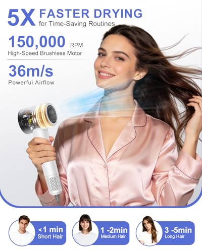 High Speed Hair Dryer with Ionic Technology - White - 150,000 RPM Brushless Motor, Lightweight & Travel-Friendly