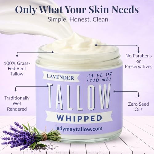 Whipped Tallow 24oz - All Natural Face Cream + Whole Body Moisturizer for Dry Skin - Made With Scented Oil Blend - No Preservatives, Parabens or Seed Oils - USA Made (Lavender)