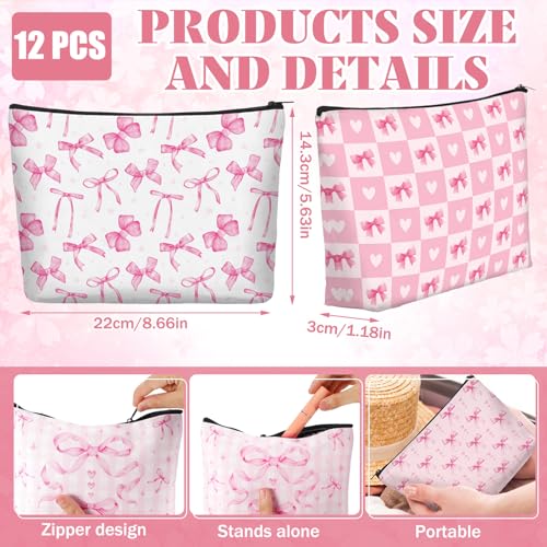 Pink Bow Makeup Bags Set - 24 Coquette Cosmetic Pouches with Zippers for Women & Travel - Pink Aesthetic Gifts