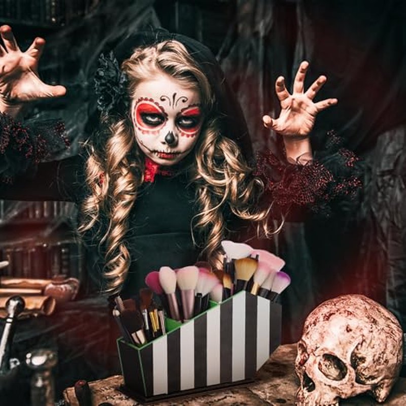 Coffin Makeup Brush Holder Black Striped Gothic Makeup Brush Holder Wooden Organizer Gifts for Women Cosmetic Display Cases Spooky Pencil Brushes Organizer Bathroom Accessories