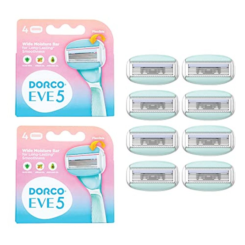DORCO eve Pack of 5 Razors for Extra Smooth Shaving (No Razor Handle, 8 Piece Razor Blade Refills), Razors for Shaving with Aloe Vera Moisture Bar, Interchangeable Cartridge for Sensitive Skin