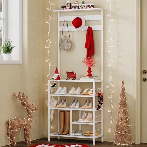 White 5-Tier Hall Tree Entryway Coat Rack with Movable Metal Hooks - GiftGo