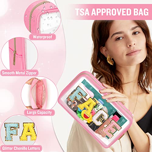 Izuzta 2 Pack Clear Makeup & Hair Pouch with Glitter Chenille Letters, Pink & Green Variations