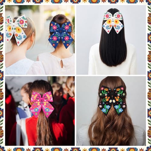 Mexican Embroidered Hair Bows Set - 4 Colorful Floral Clip Accessories for Women - Classic Variation