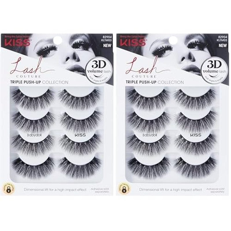 KISS Lash Couture Triple Push Up Collection Multipack, 3D Volume False Eyelashes with Triple Design Technology, Multi-Angles & Lengths, Reusable, Style 'Babydoll', 4 Pairs Fake Eyelashes (Pack of 2)