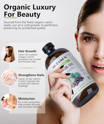 Organic Cold Pressed Castor Oil 16 Fl Oz in Glass Bottle - Pure, Hexane Free, For Hair, Skin & Castor Pack - MUZAMOX