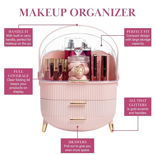 Paris Hilton Makeup Storage Organizer with Lid - Pink, Gold Accents, Portable Cosmetic Box for Vanity & Countertop - Organizer Box