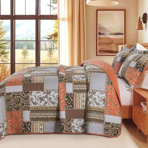 Dreamland Orange King Quilt Set 98x106in - 100% Cotton Farmhouse Bedspread