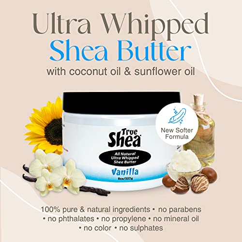 True Shea - 1 Vanilla (8 oz) + 1 Lavender (8 oz) Whipped Shea Butter Moisturizing Beauty Bundle, Nourishing Shea Butter with Sunflower Oil & Coconut Oil for Skin & Hair