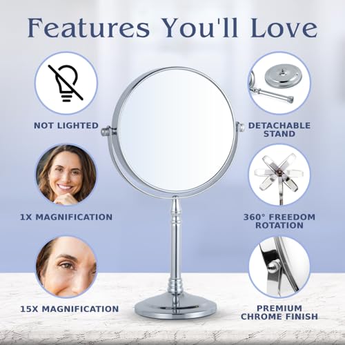 15X/1X Dual-Sided Makeup Mirror with Stand - Chrome, 12x6 Inches