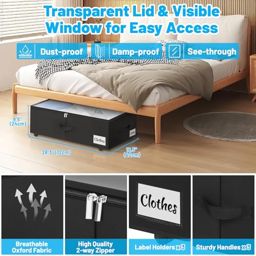 Under Bed Storage with Wheels 75L Black 4-Pack Clear Lid & Label - 10 Inch