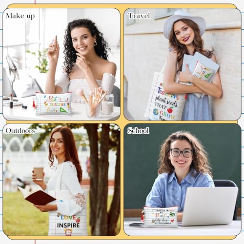 Paterr 12 Pcs Christmas Teacher Appreciation Gift for Women Christmas Gifts Ideas Basket Filler Canvas Teacher Tote Bag with Makeup Bag Notebook Style for Office School Classroom Supplies