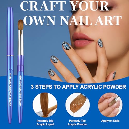 Professional Nail Art Brush - Oval Crimped Tip for Acrylic Nails - Gradient Blue Metal Handle - Sable Hair - Variation 14