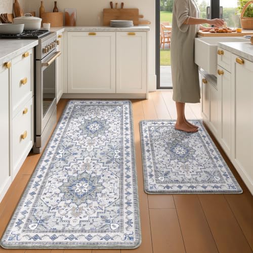 Tubeamin Blue Grey 2-Piece Boho Kitchen Mat Set 23.6x39 + 23.6x59 Inches Anti-Fatigue Waterproof Non-Slip Floor Rugs