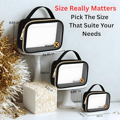 Clear TSA Approved Toiletry Bag Set ? 3 Waterproof Makeup & Cosmetic Bags with Handles for Women (S/M/L) ? Durable, Spill-Proof Travel Organizer for Airport & Home Use Black