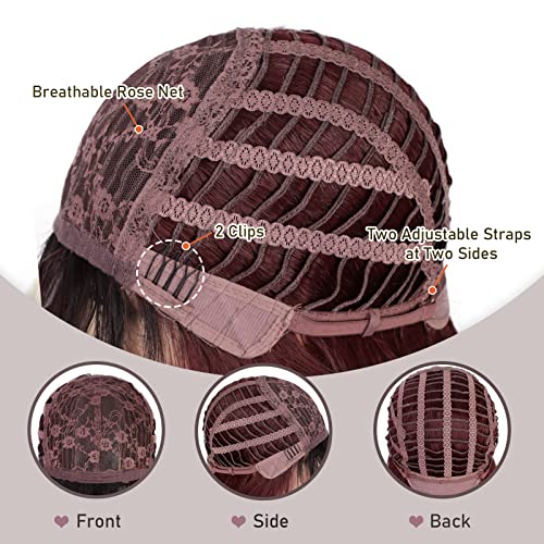 Wine Red Ombre Wigs with Bangs for Women Long Layered Synthetic Heat-Resistant Hairpiece - Burgundy