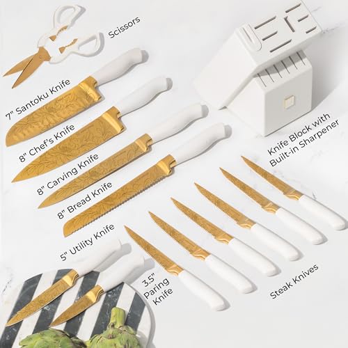 Gold and White Knife Set with Floral Pattern and Built-In Sharpener - 14-Piece with Knife Block (Off White Handle, Gold Blade & White Block)