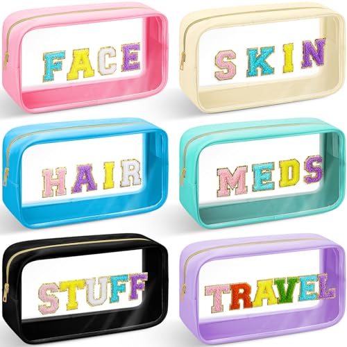 Clear Cosmetic Travel Bags with Chenille Letter Patches - 6 Pack
