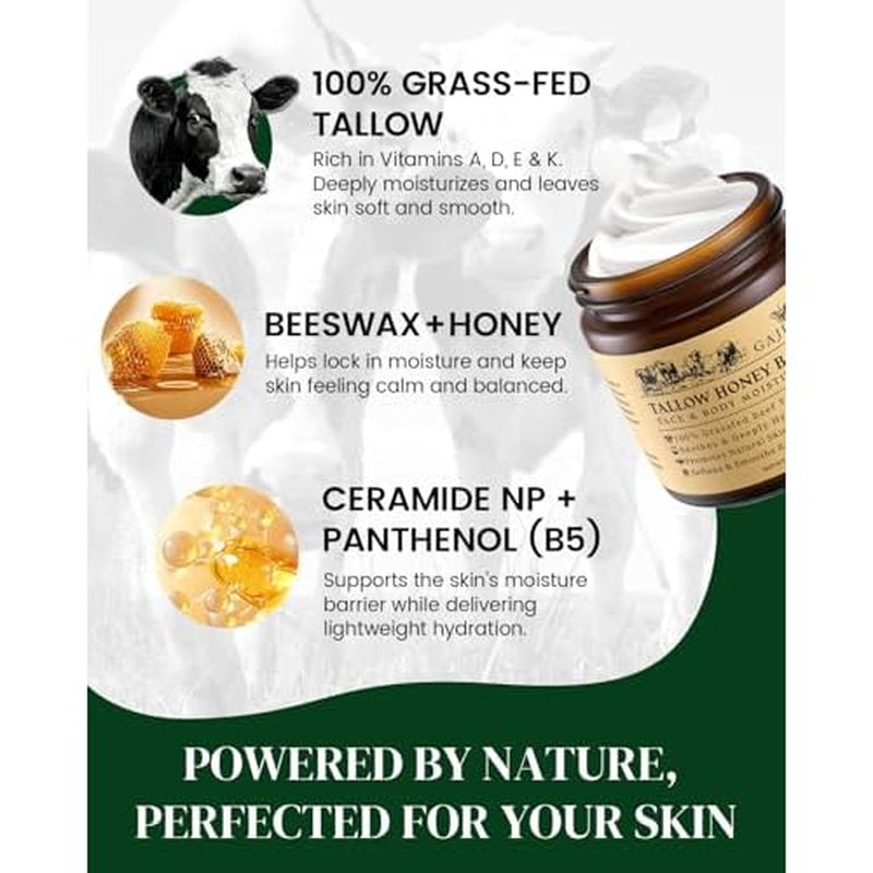 Beef Tallow for Skin: Whipped Beef Tallow Cream for Face & Body, Natural Moisturizing Cream with Honey and Beeswax, Grass-Fed Beef Tallow &Honey Blend, Lightweight Hydration for Dry Skin, 4.2Oz