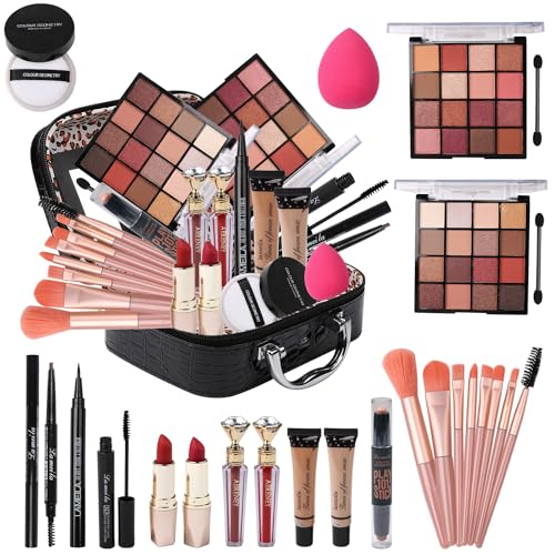 Makeup Kit for Teen Girls, All-in-One Kit with 2X16 Colors Eyeshadow, Liquid Foundation, Eyeliner Pencils, Contouring Stick, Lip Gloss, Eyebrow Pencils & 8 Makeup Brushes (Black)