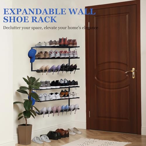 Black 4 Pack Wall Mounted Shoe Rack Adjustable 3-Tier Organizer with Hooks