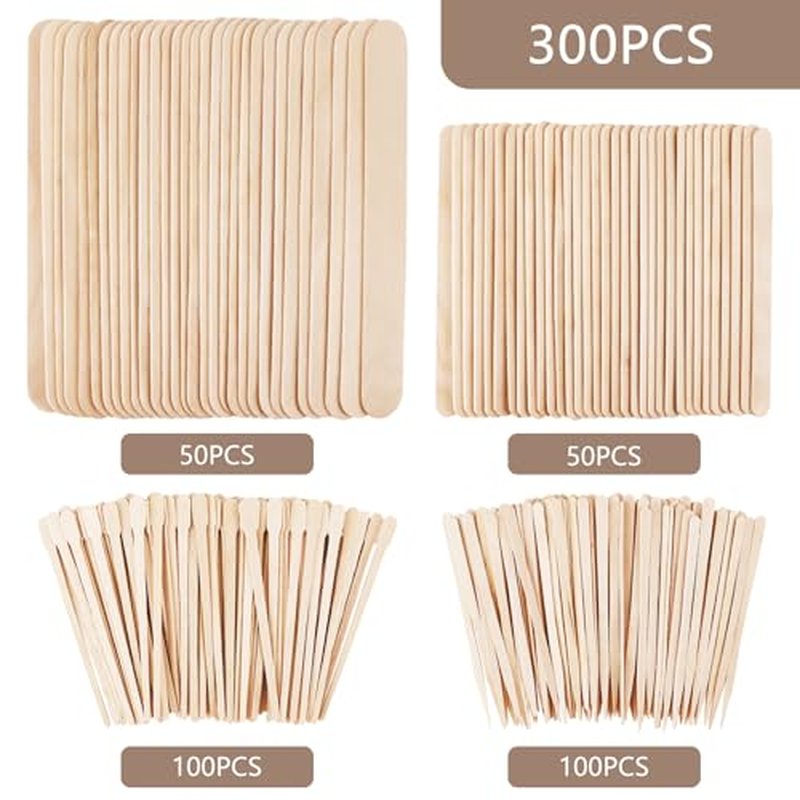 300 Pack 4 Style Assorted Wooden Wax Sticks for Hair Removal Body Legs Face and Small Medium Large Sizes Eyebrow Waxing Applicator Spatulas