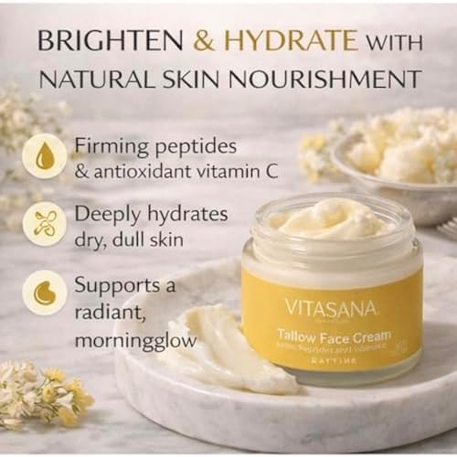 Tallow Face Cream Daytime ? Brighten & Hydrate Moisturizer with Vitamin C, Peptides & Goji Berry Oil ? Nourishing Grass-Fed Tallow Face Cream for Radiant, Smooth Skin ? 2oz (57g)